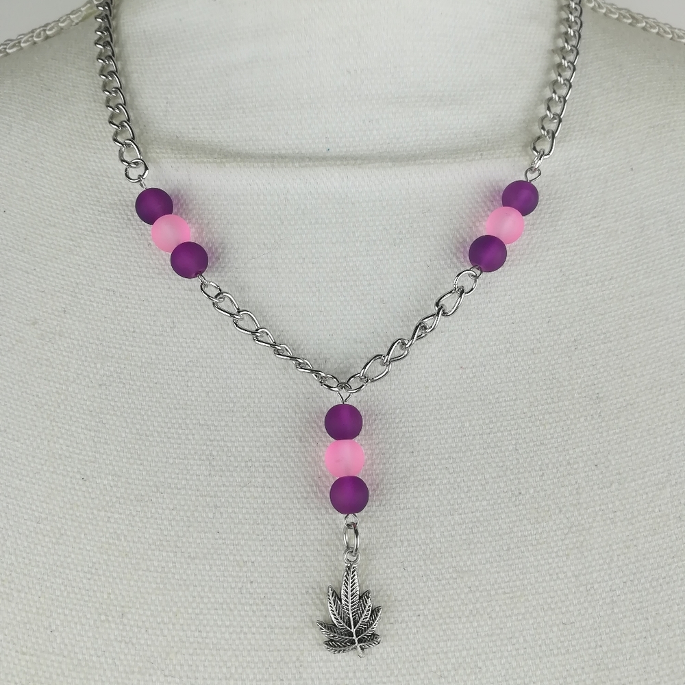 Unique colorful feminine cannabis leaf necklace pink & purple frosted glass